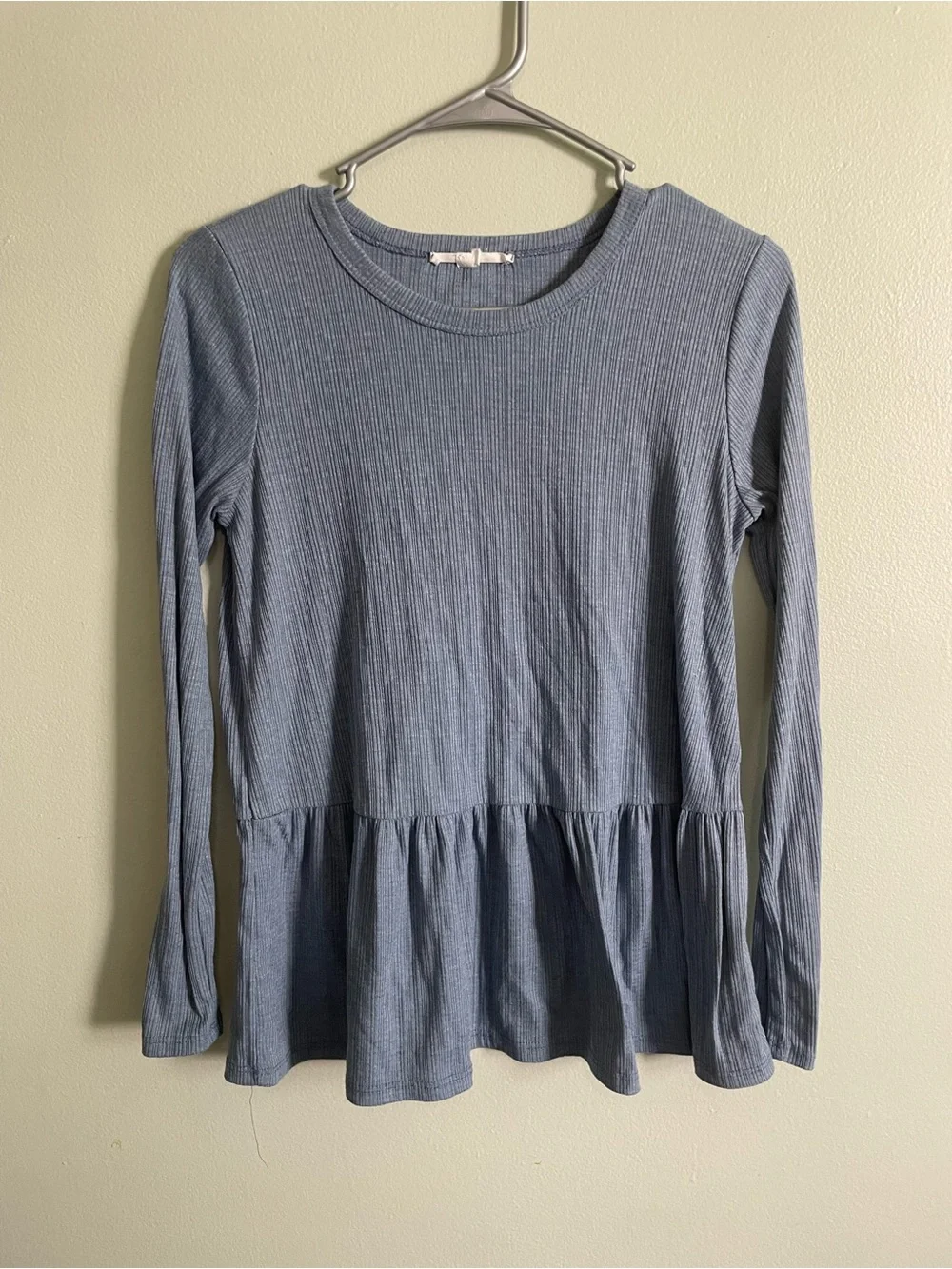 Caution To The Wind Dusty Blue Ribbed Peplum Long-Sleeve Top - Picture 1 of 5